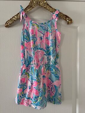 Lilly Pulitzer Girls Floral Tie-Shoulder Romper Dress in Pink & Blue